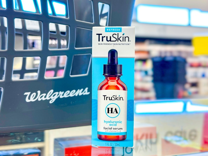 truskin hyaluronic acid serum in front of a walgreens basket