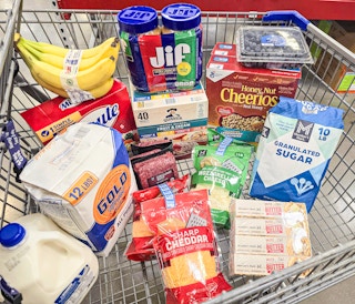 grocery essentials and pantry staples in shopping cart