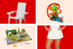 white adirondack chair, women's skirt, Melissa & Doug Disney set, and Hot Wheel dino set