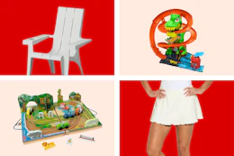 white adirondack chair, women's skirt, Melissa & Doug Disney set, and Hot Wheel dino set