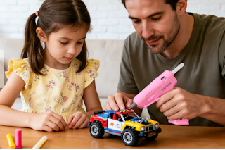 adult repairing toy car with hot glue gun
