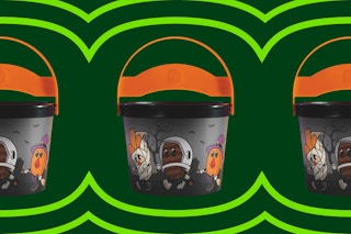 the 2025 burger king halloween bucket on a yellow and green background