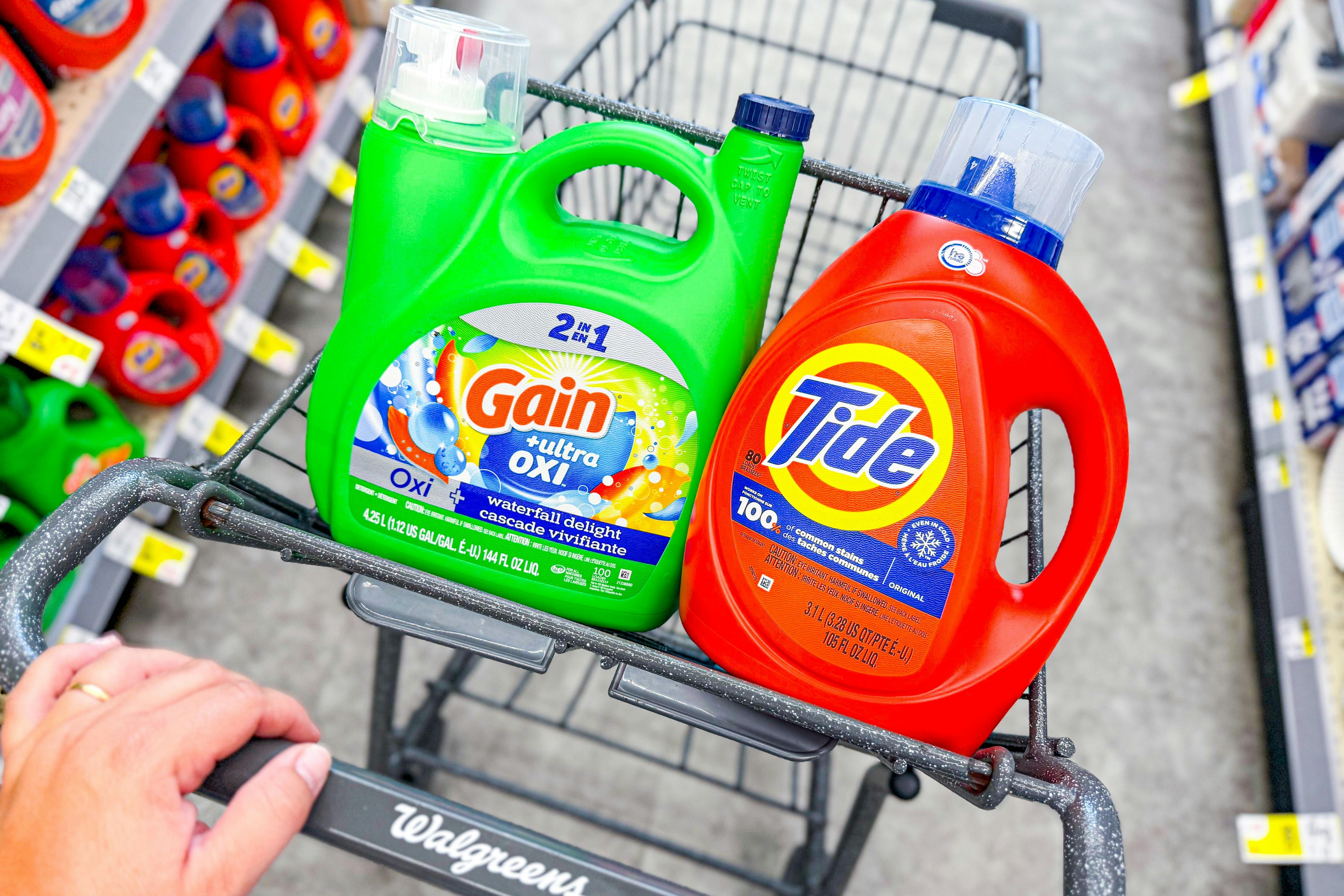 jumbo gain and tide detergents in a walgreens cart