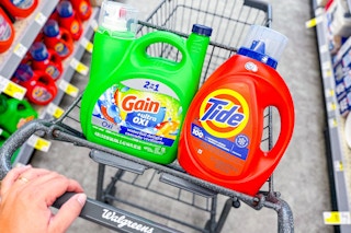 jumbo gain and tide detergents in a walgreens cart
