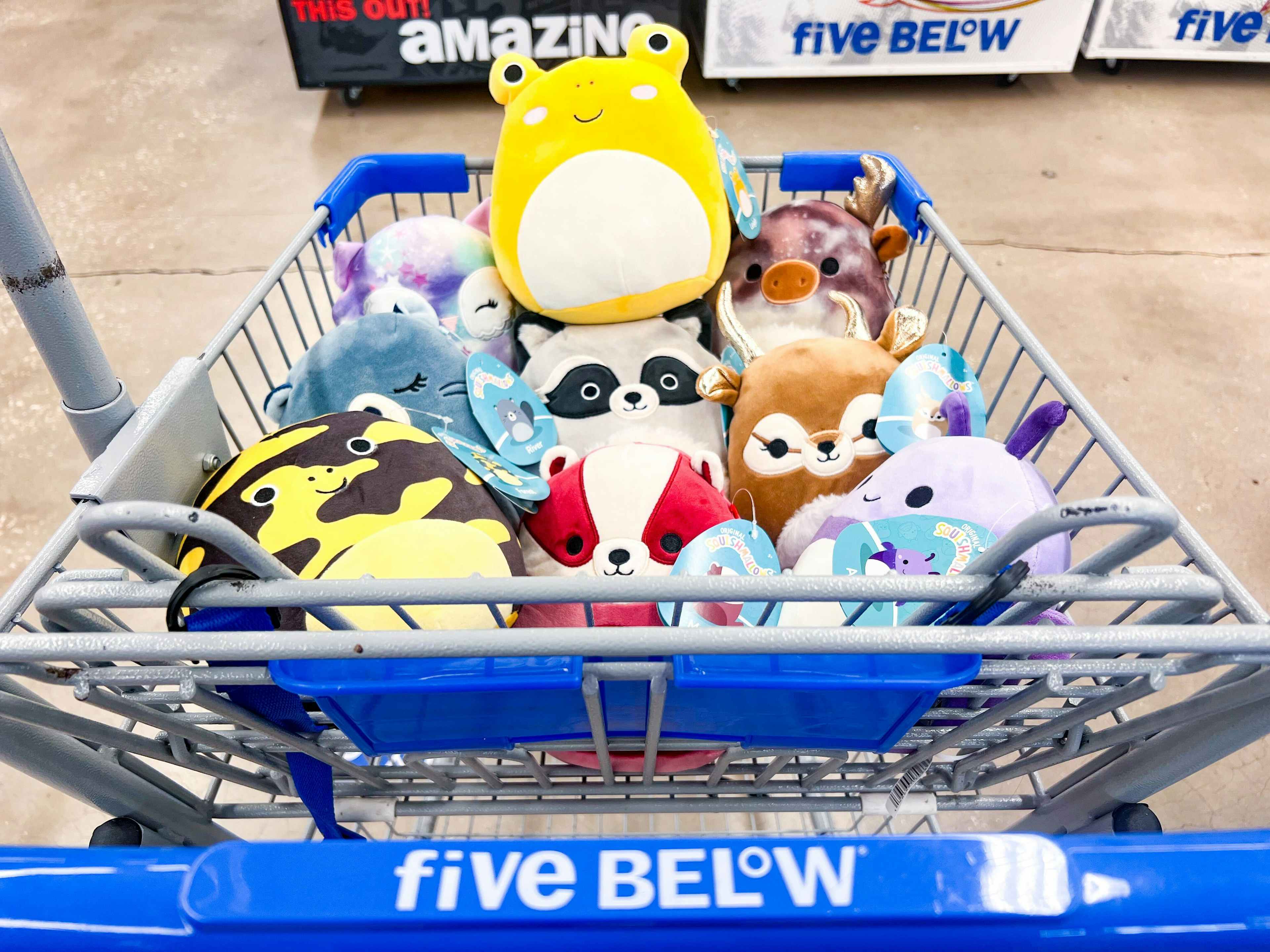 A cart from five below with several squishmallow characters
