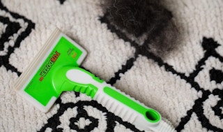 a pet hair removal tool on a rug