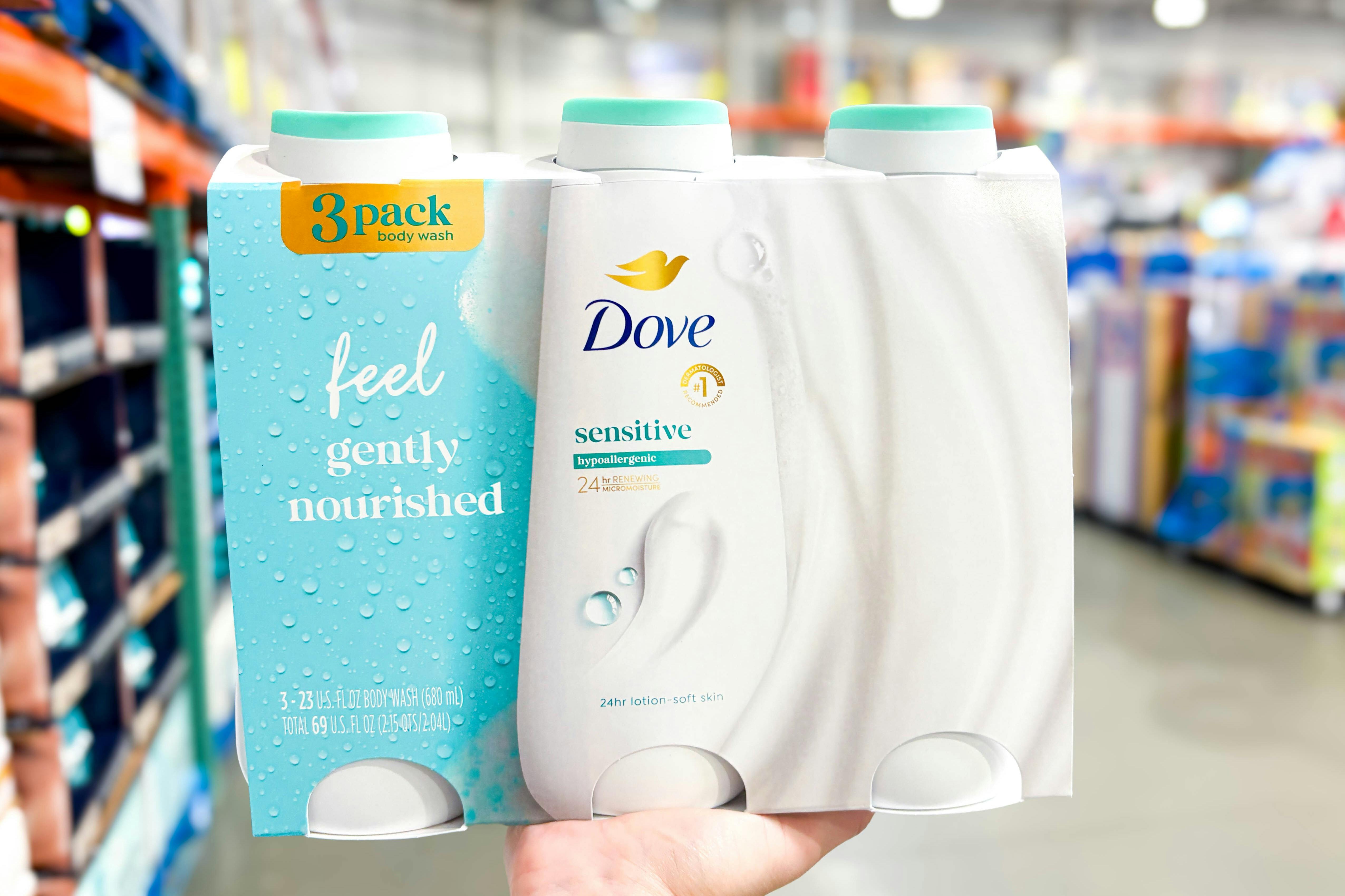 hand holding up dove sensitive body wash sponsored