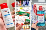 collage image of eucerin lotion, bactine ointment, and colgate oral care