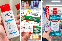 collage image of eucerin lotion, bactine ointment, and colgate oral care