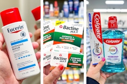 collage image of eucerin lotion, bactine ointment, and colgate oral care
