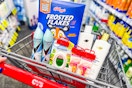 frosted flakes cereal, degree deodorant, febreze small spaces, maybelline baby lips, and dove shampoo in a cart