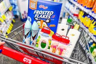 frosted flakes cereal, degree deodorant, febreze small spaces, maybelline baby lips, and dove shampoo in a cart