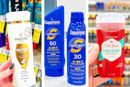 collage image of pantene shampoo, coppertone sunscreen, and old spice deodorant