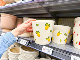 hand holding mainstays lemon planter on walmart shelf