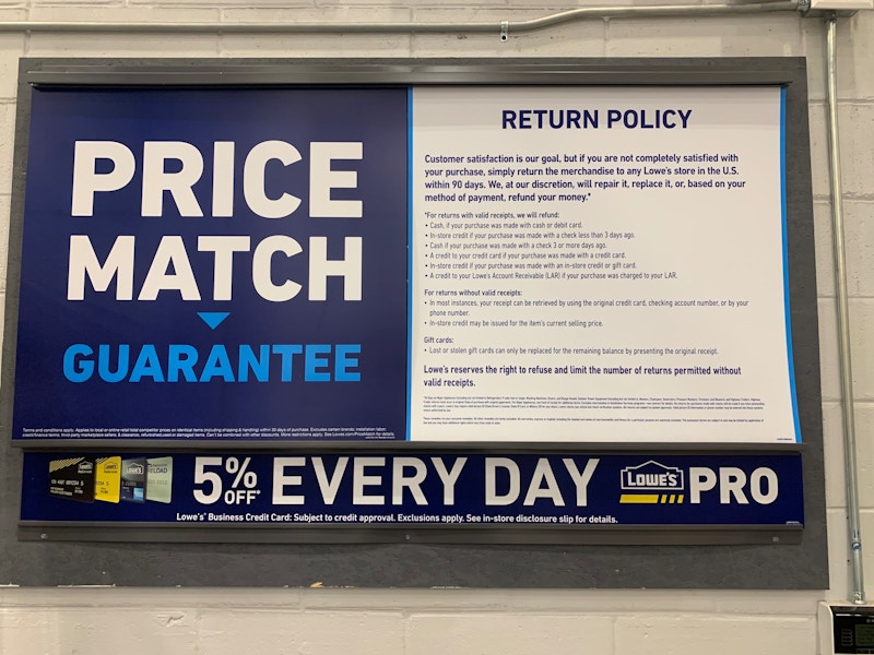 Sign of price match guarantee and return policy