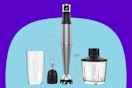 Immersion Blender Handheld Corded Hand Blenders Set 1100W on a blue background.