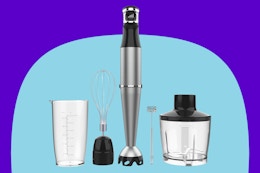 Immersion Blender Handheld Corded Hand Blenders Set 1100W on a blue background.