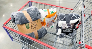 blankets in a cart at costco