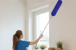 a feather duster dusting a ceiling fan 