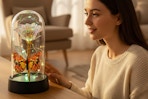 a woman near a butterfly rose in glass