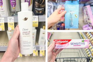 walgreens dove, venus, colgate 3-photo collage