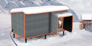 a cat in a heated cat house in the snow outside