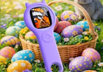 a purple kids' microscope against an Easter basket