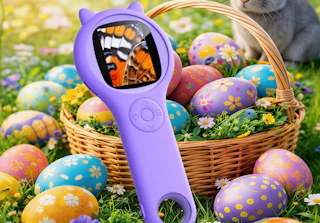 a purple kids' microscope against an Easter basket