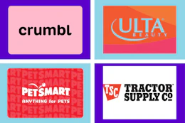 collage with crumbl, ulta, petsmart, and tsc gift cards