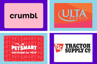 collage with crumbl, ulta, petsmart, and tsc gift cards