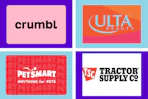 collage with crumbl, ulta, petsmart, and tsc gift cards