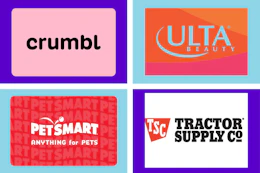 collage with crumbl, ulta, petsmart, and tsc gift cards