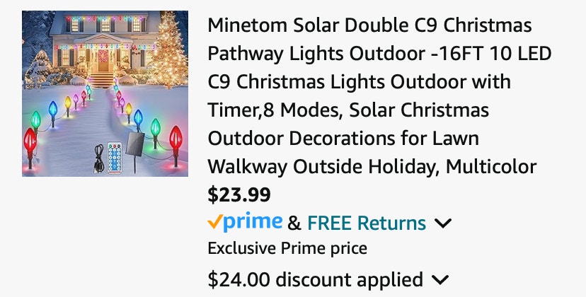 Minetom Solar Double C9 Christmas Pathway Lights Outdoor -16FT