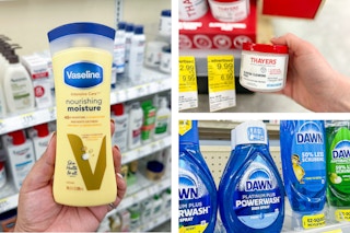 collage with walgreens dawn, thayers, and vaseline products