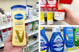 collage with walgreens dawn, thayers, and vaseline products