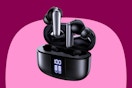 A black pair of rubber-ended wireless earbuds in a black charging case with the battery level in digital display