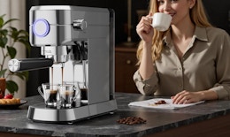 an espresso machine next to a person drinking coffee