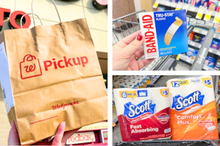 collage with a walgreens pickup bag, scott paper products, and a band-aid product