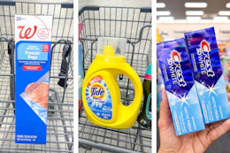 collage image of walgreens food storage bags, tide simply detergent, and crest toothpaste