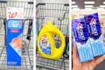 collage image of walgreens food storage bags, tide simply detergent, and crest toothpaste
