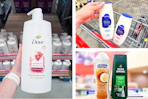 collage image of dove, nivea, softsoap, and irish spring body wash