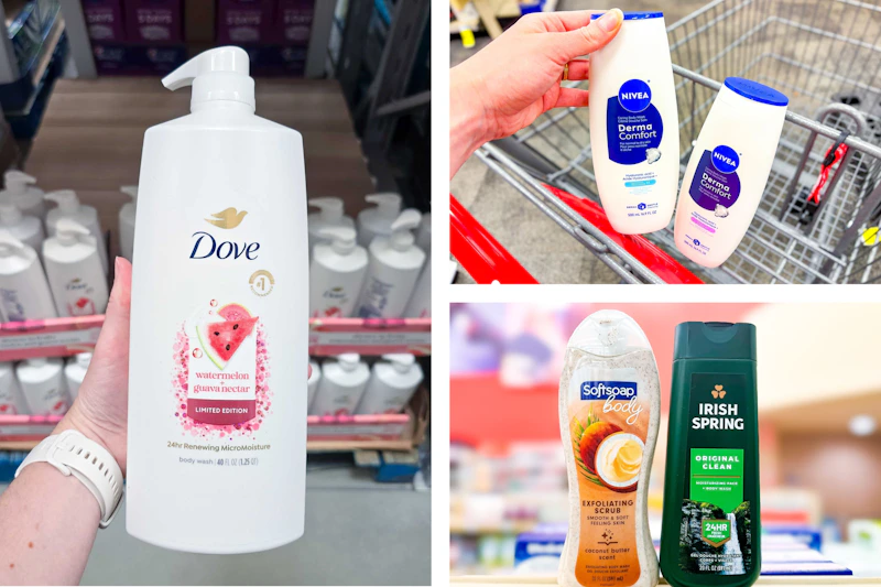 collage image of dove, nivea, softsoap, and irish spring body wash