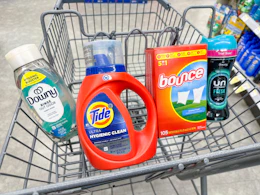 tide downy bounce laundry items in walgreens cart