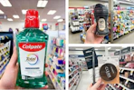 collage image of colgate mouthwash, downy unstoppables, and covergirl makeup