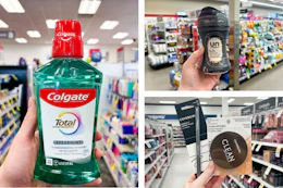 collage image of colgate mouthwash, downy unstoppables, and covergirl makeup