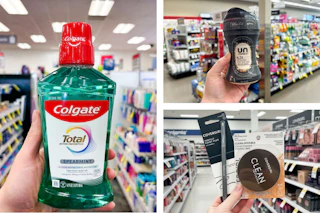 collage image of colgate mouthwash, downy unstoppables, and covergirl makeup