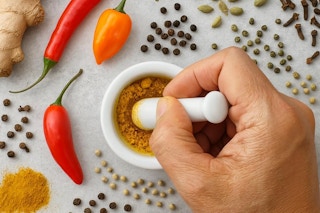 a man using a small mortar and pestle