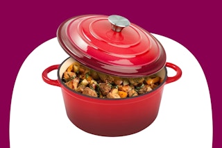 Stock image of a 6-quart red cast iron dutch oven from the brand Hawsaiy at Walmart