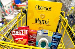 cheerios, suave, folgers, cheez-it, febreze in a yellow shopping cart