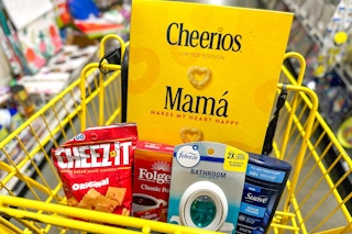 cheerios, suave, folgers, cheez-it, febreze in a yellow shopping cart